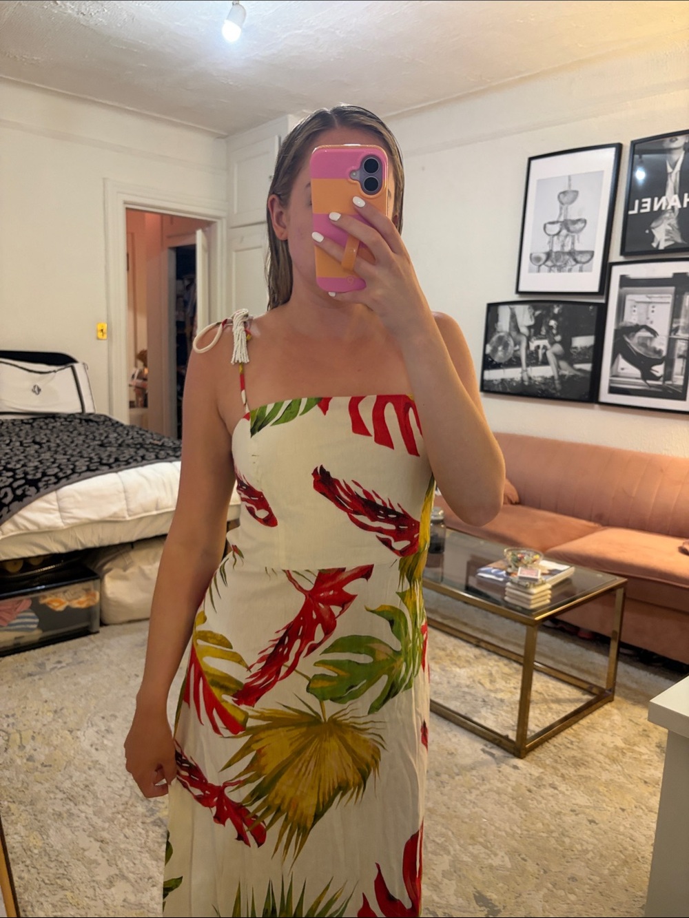 Tropical Print White Midi Dress with Red & Green Leaves - Picture 2 of 5